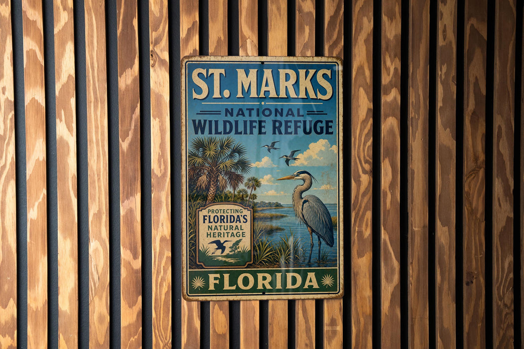 A vintage-style metal sign for St. Marks National Wildlife Refuge in Florida, featuring a bird and palm trees, mounted on a wooden wall.