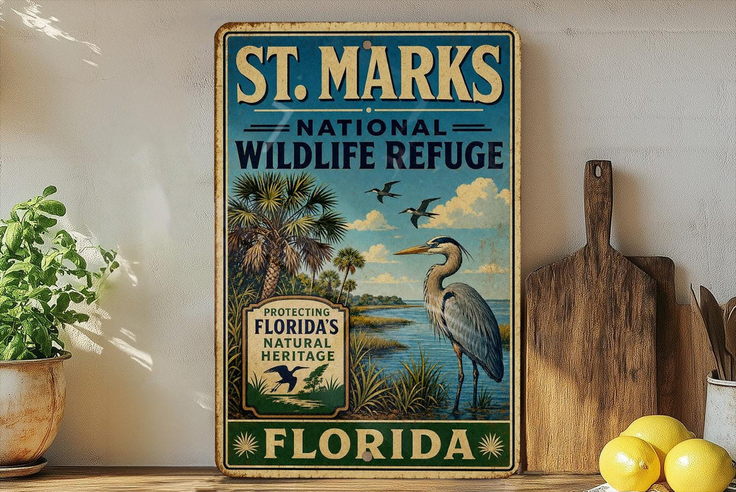 A vintage-style sign for St. Marks National Wildlife Refuge in Florida, featuring a bird and palm trees, is displayed on a shelf next to a wooden cutting board and some lemons.