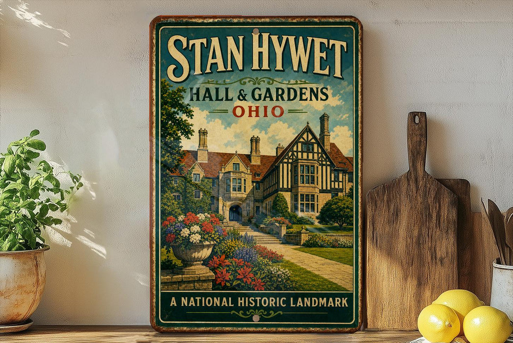 A vintage-style sign for "Stan Hywet Hall & Gardens" in Ohio, featuring a detailed illustration of a historic building surrounded by a well-manicured garden.