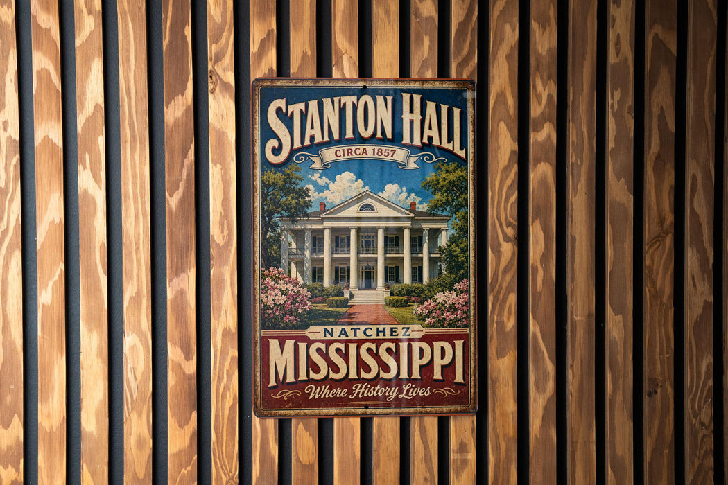 A vintage metal sign for Stanton Hall in Mississippi, featuring a large building with columns and a blue sky background.