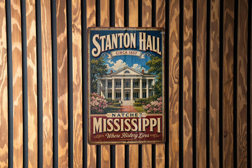 A vintage metal sign for Stanton Hall in Mississippi, featuring a large building with columns and a blue sky background.