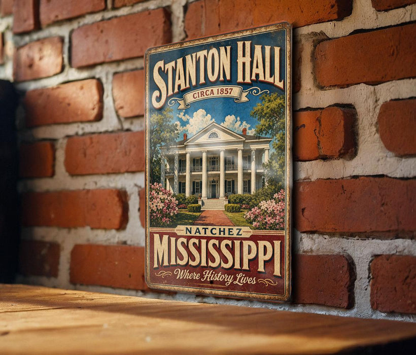 A vintage-style metal sign for Stanton Hall in Mississippi, featuring a large illustration of the historic building surrounded by trees and flowers.