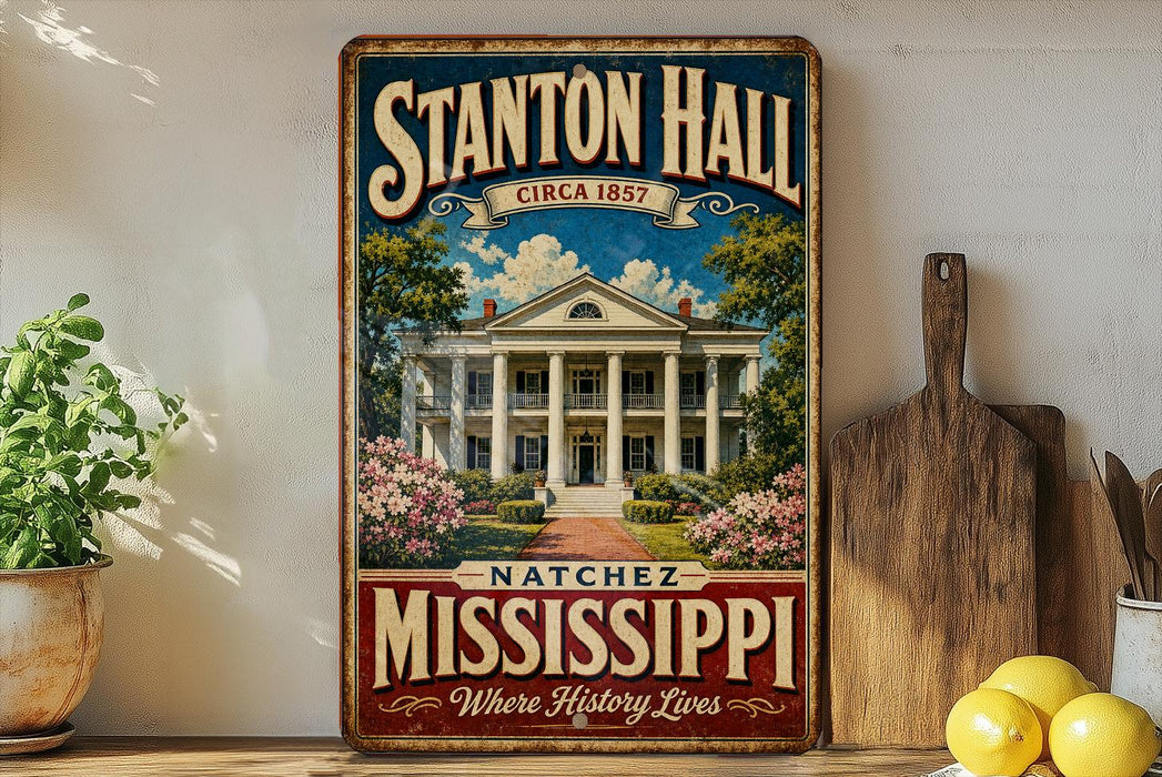 A vintage-style metal sign for Stanton Hall in Natchez, Mississippi, featuring a large illustration of the historic building surrounded by trees and flowers.
