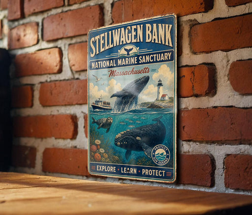 a vintage-style metal sign for the Stellwagen Bank National Marine Sanctuary in Massachusetts, depicting a whale and other marine life.