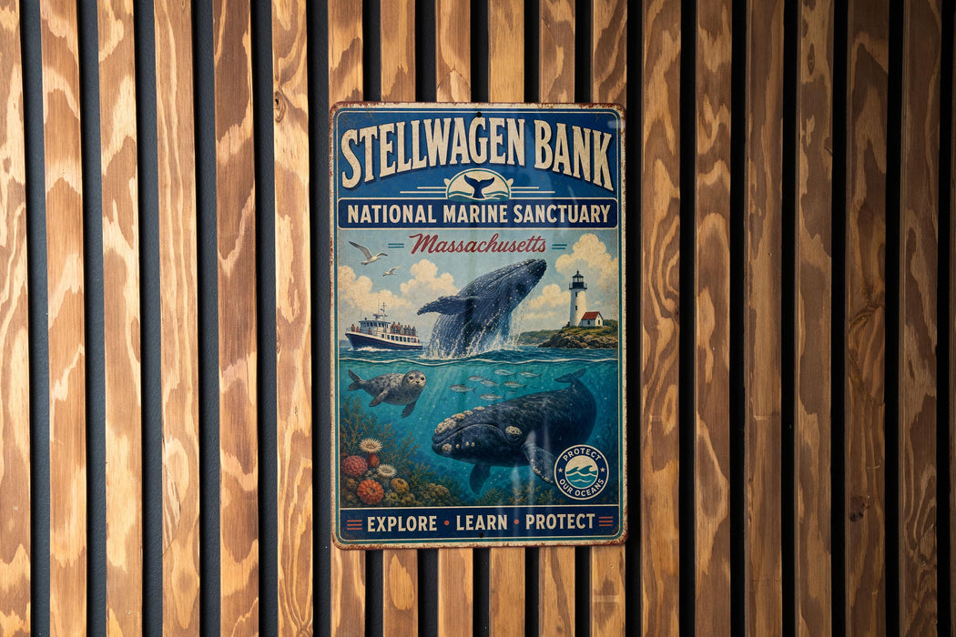 a vintage metal sign for the Stellwagen Bank National Marine Sanctuary in Massachusetts, with a whale and other marine life depicted in the background.