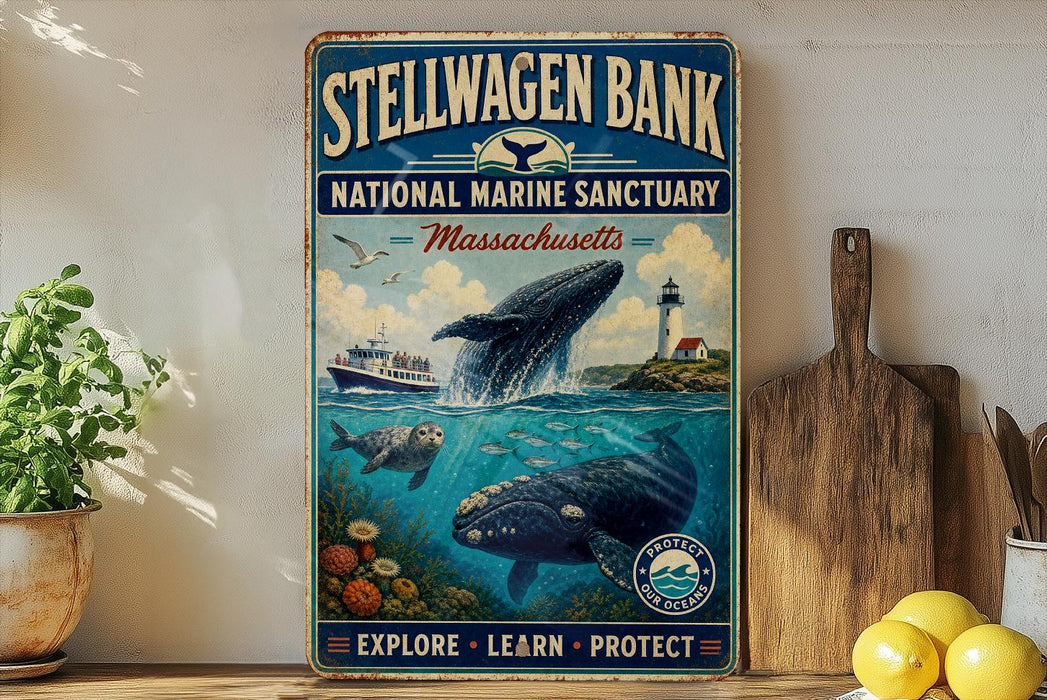 a vintage-style metal sign for Stellwagen Bank National Marine Sanctuary in Massachusetts, with a painting of a whale and other marine life. The sign also includes the words "Explore, Learn, Protect" and "National Marine Sanctuary" in a blue and white color scheme.
