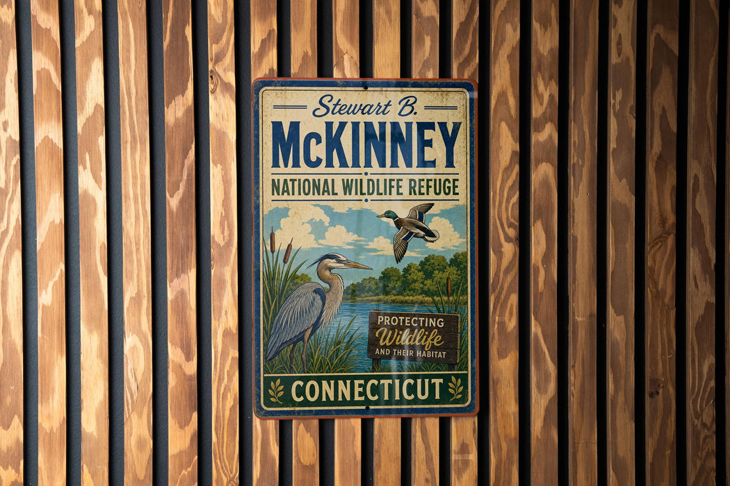 A vintage-style metal sign with the name "Stevast B. McKinney" and the title "National Wildlife Refuge" is displayed on a wooden wall.
