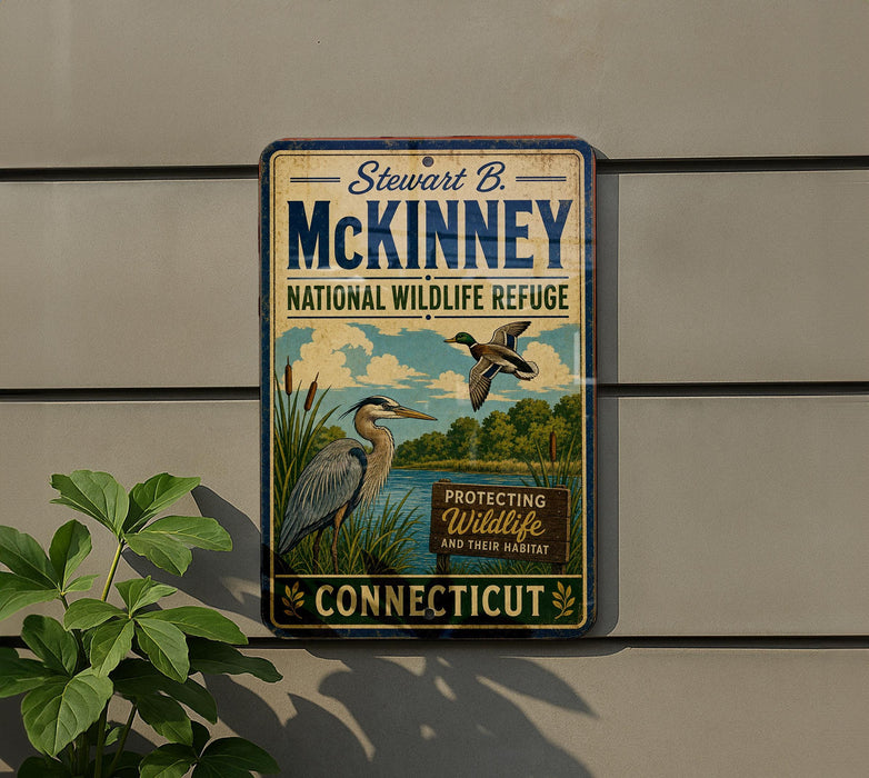 A vintage metal sign for the Stewart B. McKinney National Wildlife Refuge in Connecticut, featuring illustrations of birds and a river.