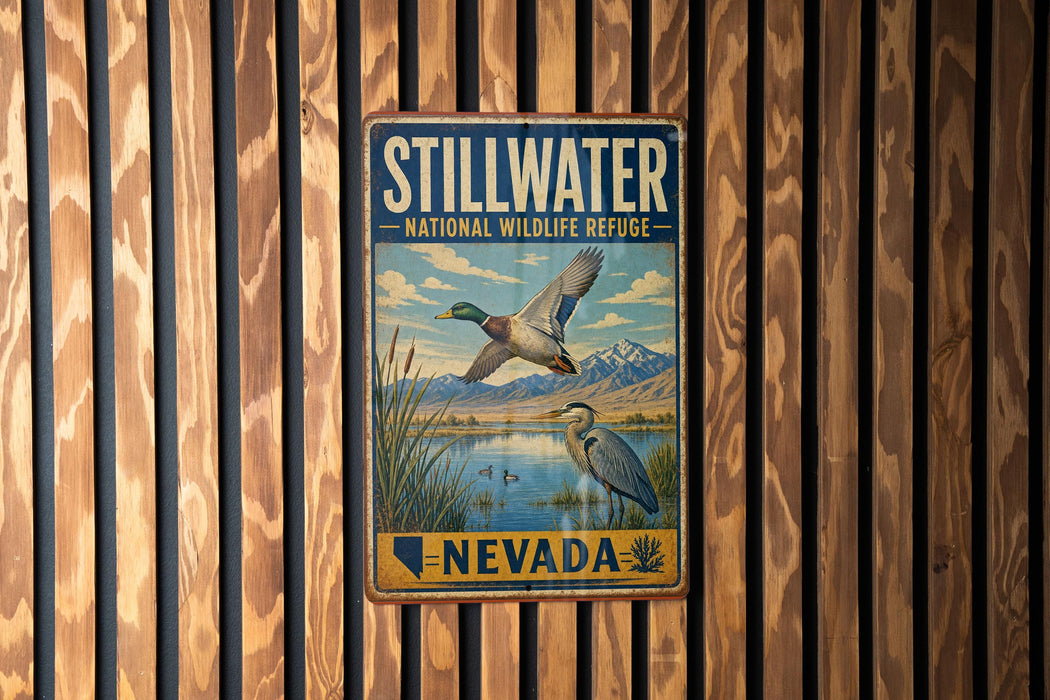 A vintage metal sign for the Stillwater National Wildlife Refuge in Nevada, featuring a bird illustration and the text "STILLWATER NATIONAL WILDLIFE REFUGE NEVADA".