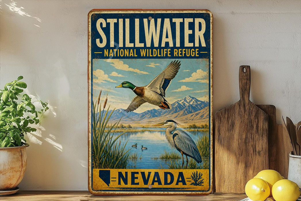 A vintage-style metal sign for Stillwater National Wildlife Refuge in Nevada, featuring a painting of ducks and mountains in the background.