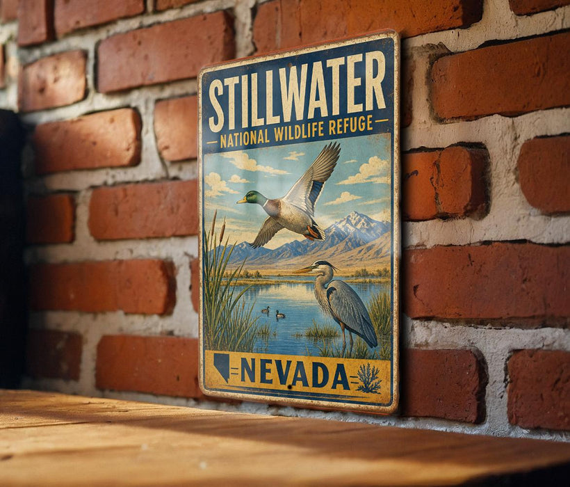 A vintage-style metal sign for Stillwater National Wildlife Refuge in Nevada, featuring a bird illustration and a mountain landscape.