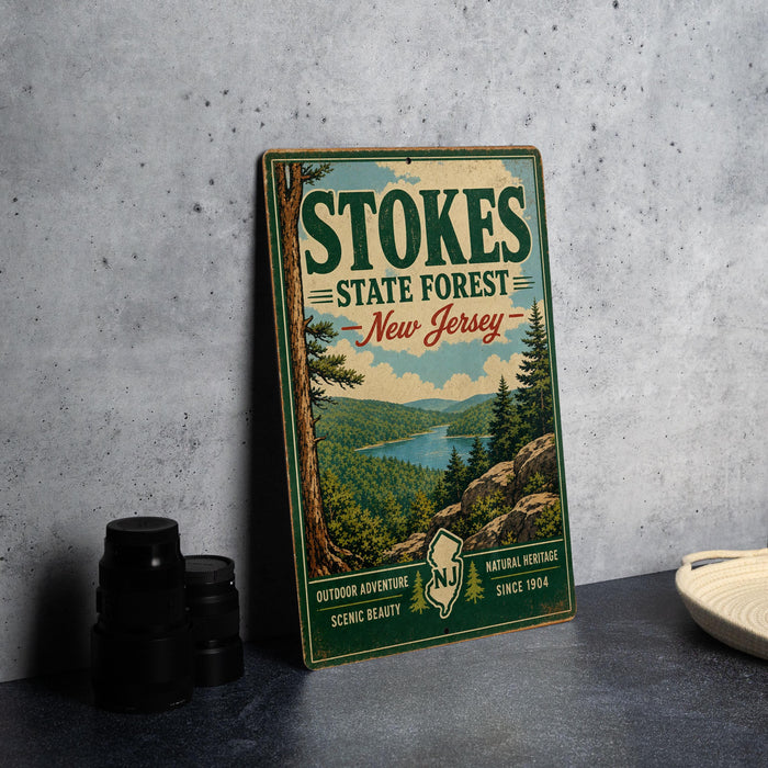 A vintage-style metal sign for Stokes State Forest in New Jersey, featuring a scenic landscape with pine trees, a lake, and mountains.