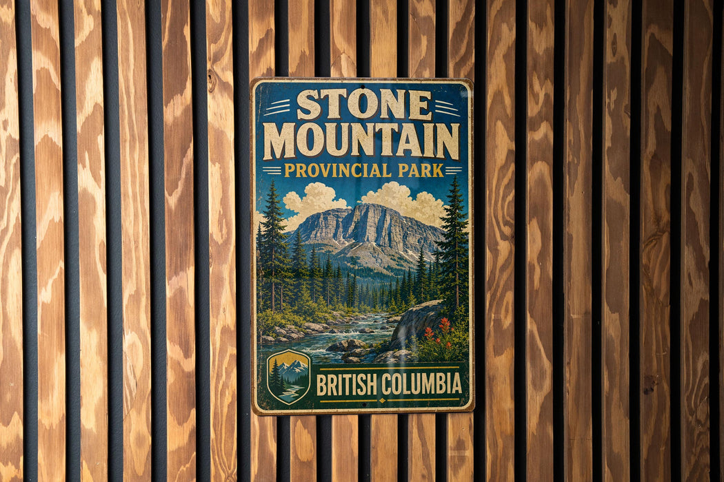 A vintage-style metal sign for Stone Mountain Provincial Park in British Columbia, Canada, featuring a scenic mountain landscape.