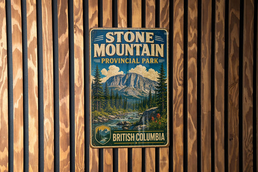 A vintage-style metal sign for Stone Mountain Provincial Park in British Columbia, Canada, featuring a scenic mountain landscape.