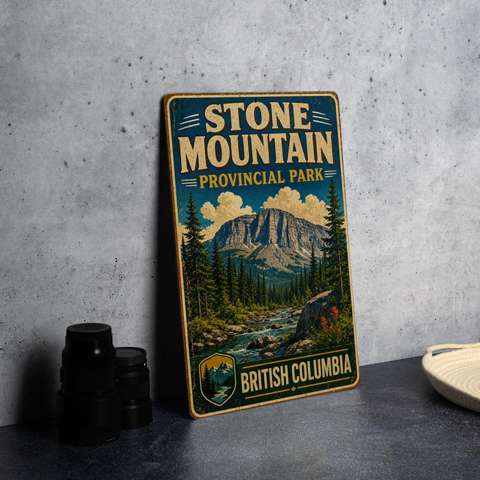 A vintage-style sign for Stone Mountain Provincial Park in British Columbia, featuring a mountain landscape with pine trees and a river.
