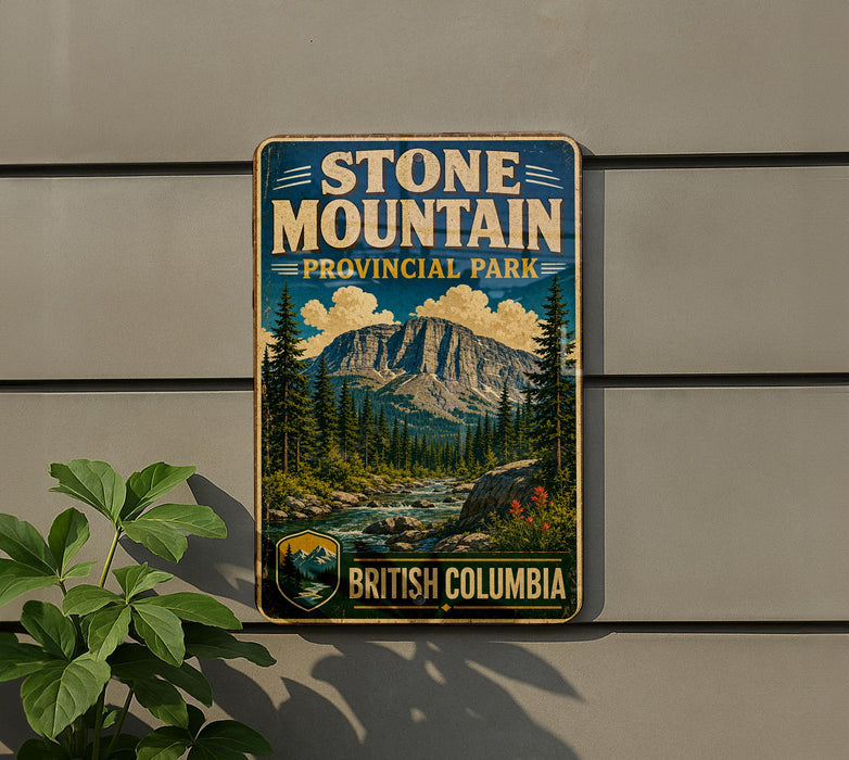 A vintage-style sign for Stone Mountain Provincial Park in British Columbia, Canada, featuring a mountain landscape with pine trees and a river.