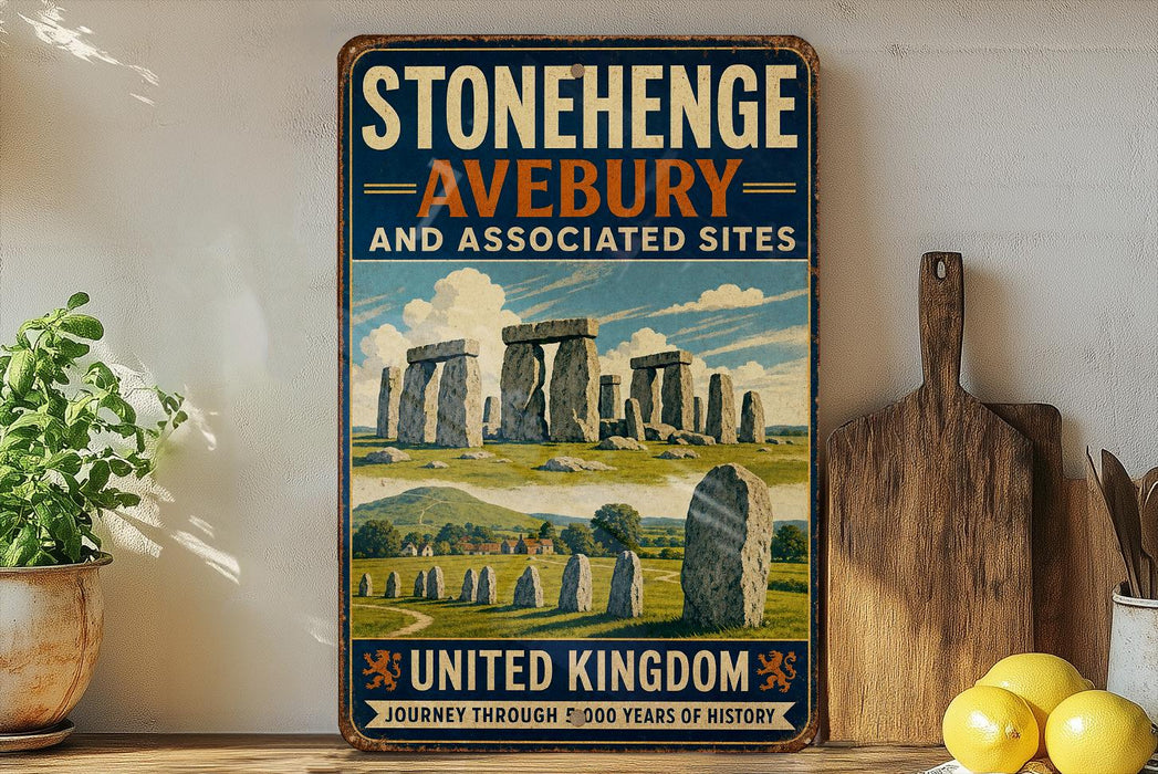A vintage-style sign for Stonehenge, a famous monument in the United Kingdom, featuring the iconic stones and a scenic landscape.