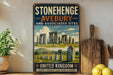A vintage-style sign for Stonehenge, a famous monument in the United Kingdom, featuring the iconic stones and a scenic landscape.