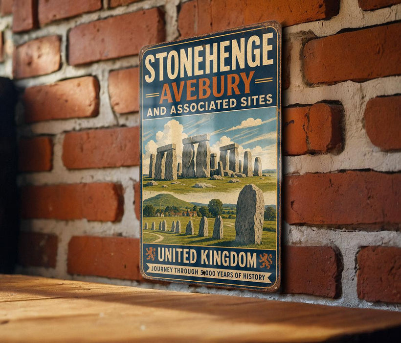 A vintage-style sign for Stonehenge, a famous monument located in the United Kingdom, mounted on a brick wall.