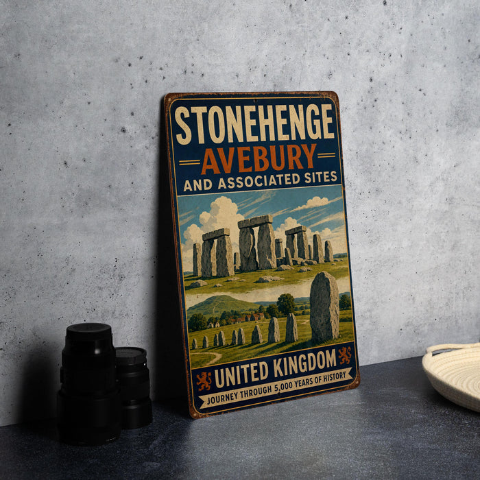 A vintage-style metal sign for Stonehenge, displaying the name of the site and the journey through the United Kingdom.