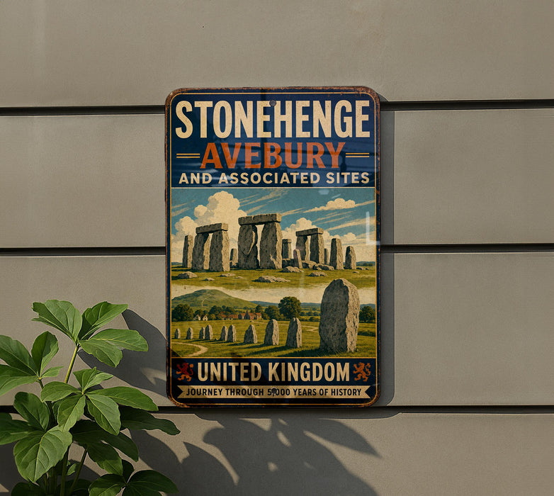 A vintage-style sign for Stonehenge, a famous tourist attraction in Avebury, United Kingdom.