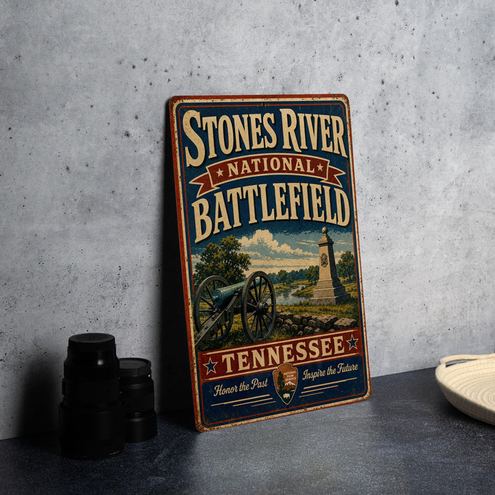 A vintage-style sign for the Stones River National Battlefield in Tennessee, featuring a cannon and a monument, is displayed on a gray countertop.