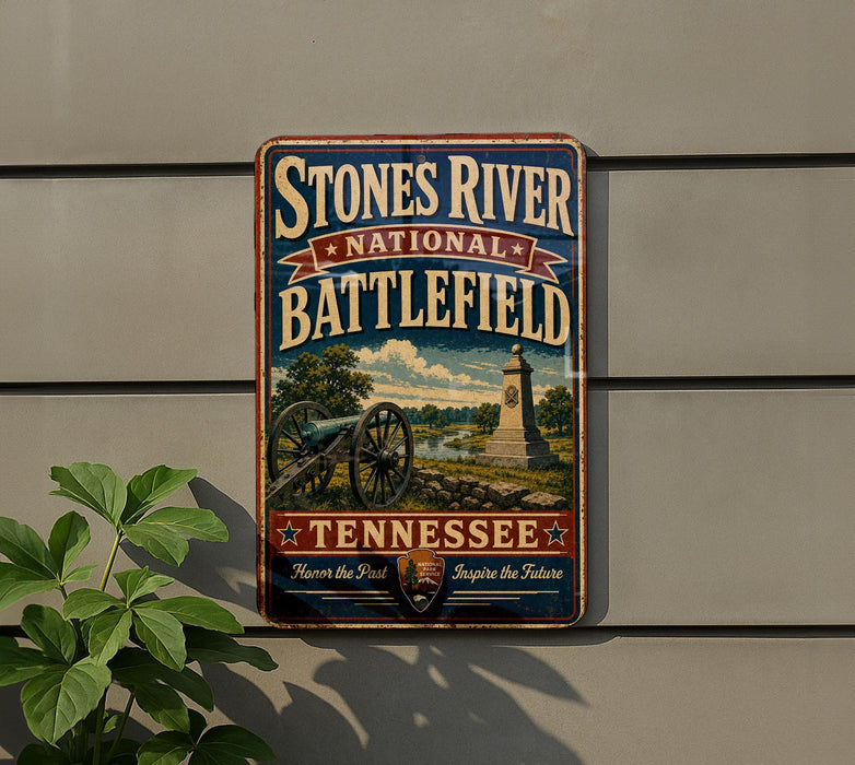 A vintage-style metal sign for the Stones River National Battlefield in Tennessee, featuring a cannon and a scenic landscape.