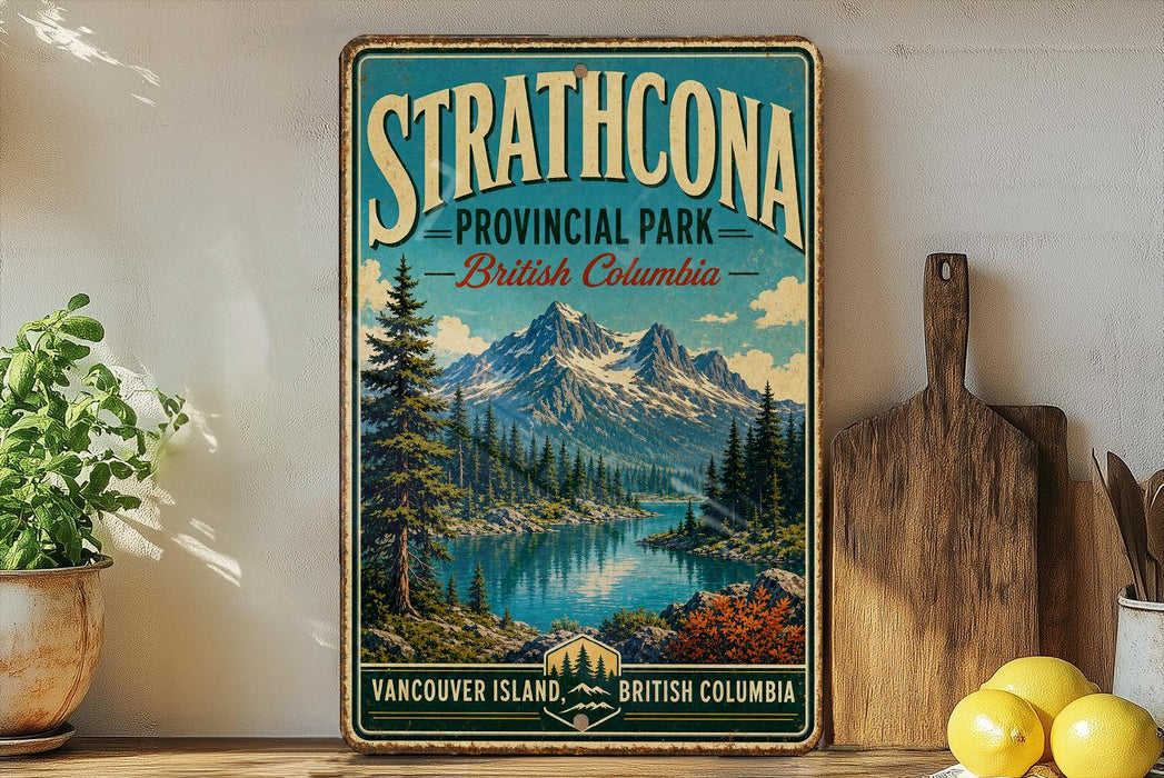 A vintage-style sign for Strathcona Provincial Park in British Columbia, Canada, featuring a scenic mountain landscape with a lake and pine trees.