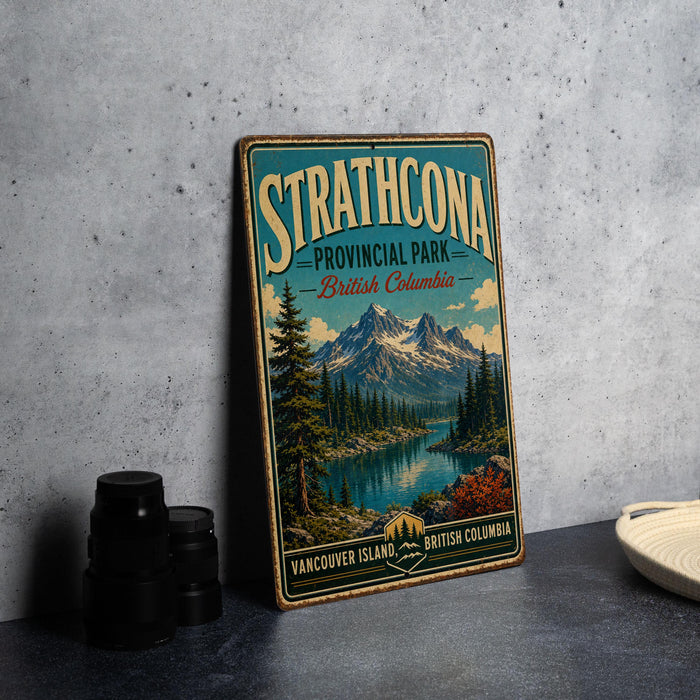 A vintage-style metal sign for Strathcona Provincial Park in British Columbia, Canada, featuring a scenic mountain landscape.