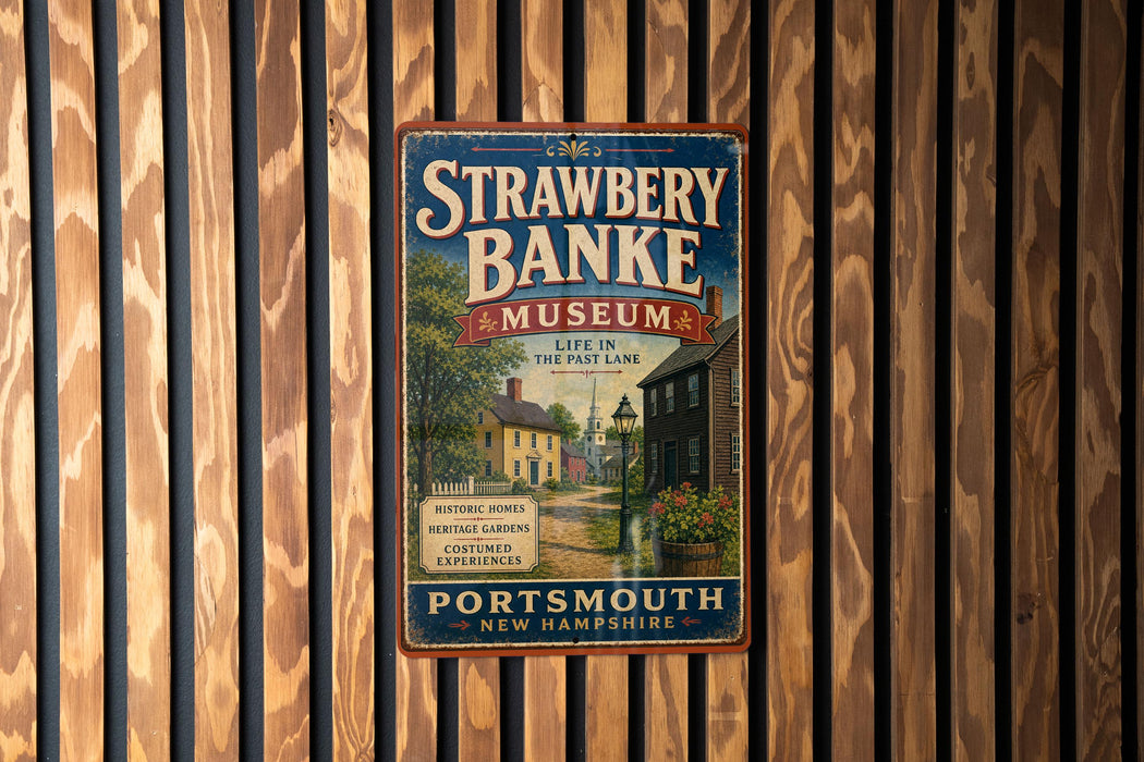 A vintage metal sign for the Strawberry Banke Museum, featuring a scenic image of a historic neighborhood in the past lane.