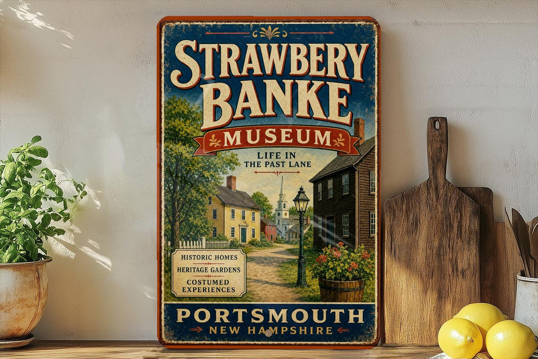 A vintage-style sign for the Strawberry Banke Museum in Portsmouth, New Hampshire, featuring a scenic illustration of a historic neighborhood.