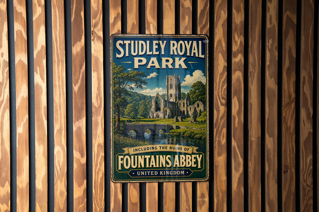 A vintage metal sign for Studley Royal Park, featuring an illustration of a castle and a bridge, mounted on a wooden wall.