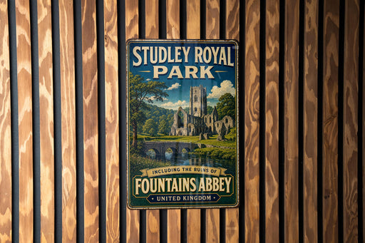 A vintage metal sign for Studley Royal Park, featuring an illustration of a castle and a bridge, mounted on a wooden wall.
