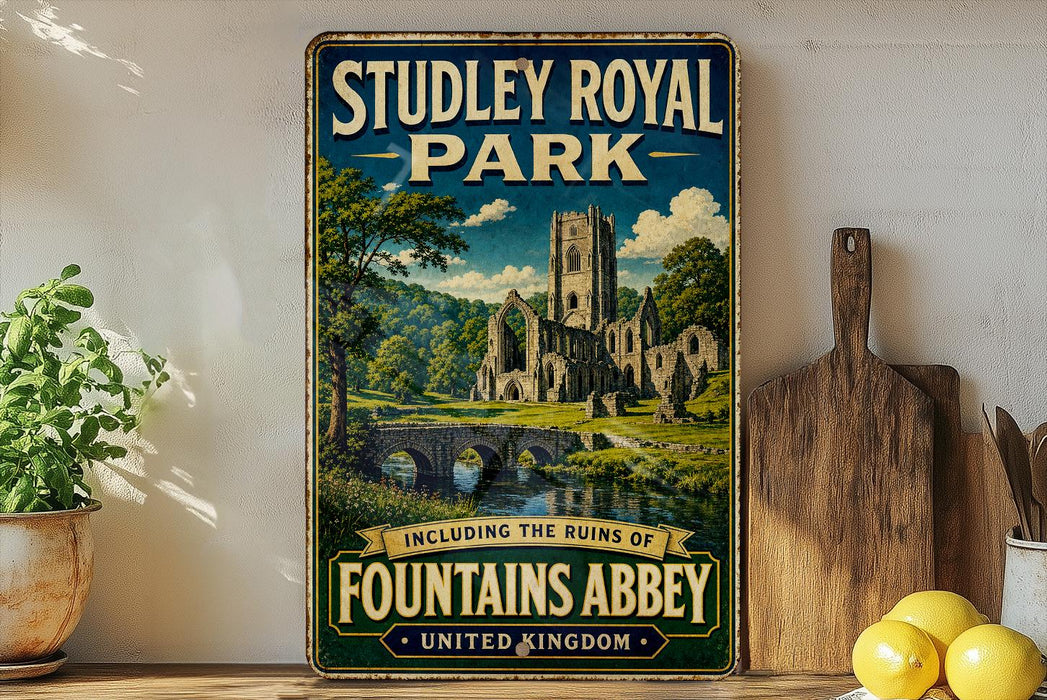 A vintage-style sign for Studley Royal Park, featuring an illustration of a castle and a bridge, with the text "Including the ruins of Fountains Abbey" and "United Kingdom" below.
