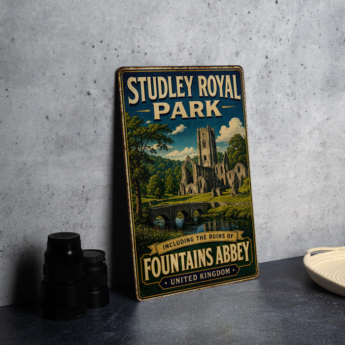 A vintage-style metal sign for Studley Royal Park, featuring an illustration of a castle and a bridge, with the text "Studley Royal Park" and "Including the ruins of Fountains Abbey" prominently displayed.