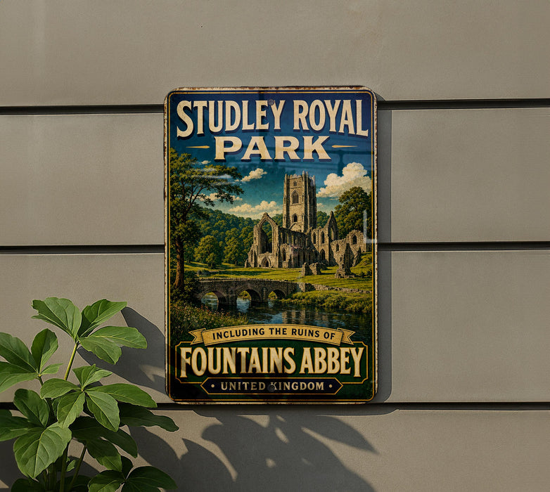 A vintage metal sign for Studley Royal Park, featuring an illustration of a castle and a bridge, with the text "Studley Royal Park" and "Including the ruins of Fountains Abbey United Kingdom".