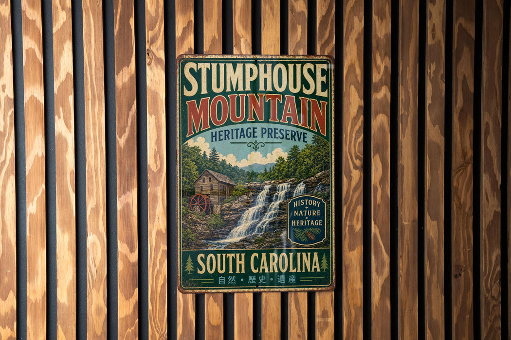 A vintage metal sign for Stumphouse Mountain Heritage Preserve in South Carolina, featuring a scenic illustration of a waterfall and a wooden cabin.