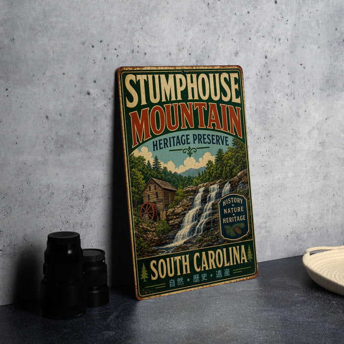 A vintage metal sign for Stumphouse Mountain Heritage Preserve, featuring a scenic illustration of a waterfall and a wooden cabin, is displayed on a gray countertop next to a stack of black camera lenses.