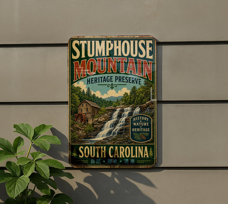 A vintage metal sign for Stumphouse Mountain Heritage Preserve, featuring a scenic image of a waterfall and a wooden cabin, mounted on a wall.