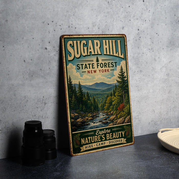 A vintage-style metal sign for Sugar Hill State Forest in New York, featuring a scenic illustration of a forest landscape with a river and mountains in the background.
