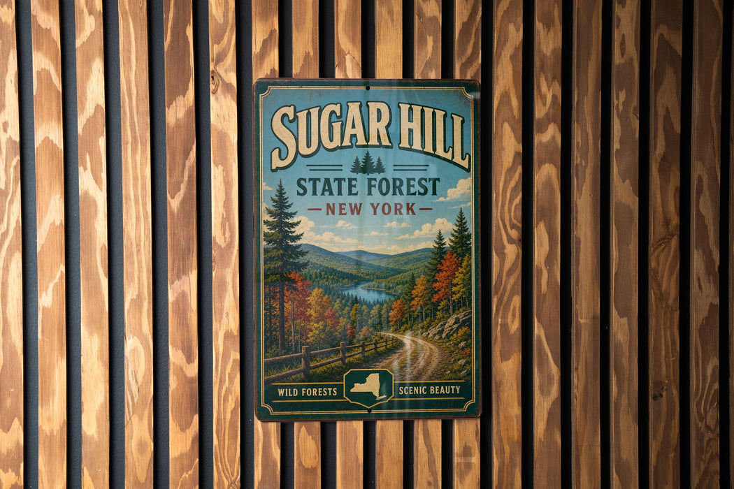 A vintage-style metal sign for Sugar Hill State Forest in New York, featuring a scenic landscape with pine trees and a winding road.