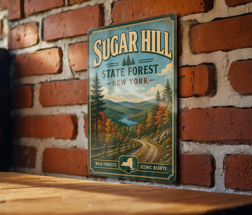 A vintage-style metal sign for Sugar Hill State Forest in New York, featuring a scenic landscape with a winding road and pine trees.