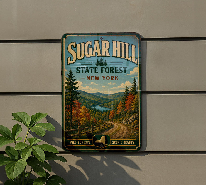 A vintage-style sign for Sugar Hill State Forest in New York, featuring a scenic landscape with pine trees, a winding road, and a body of water.