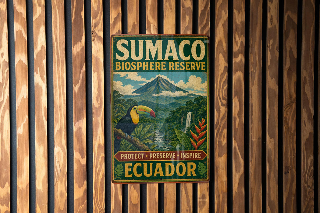 a vintage-style sign for Sumaco Biosphere Reserve, which is located in Ecuador. The sign is mounted on a wooden wall and depicts a tropical landscape with a toucan and lush vegetation.