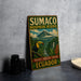 a vintage-style sign for Sumac Biosphere Reserve, with a tropical landscape and a toucan illustration.