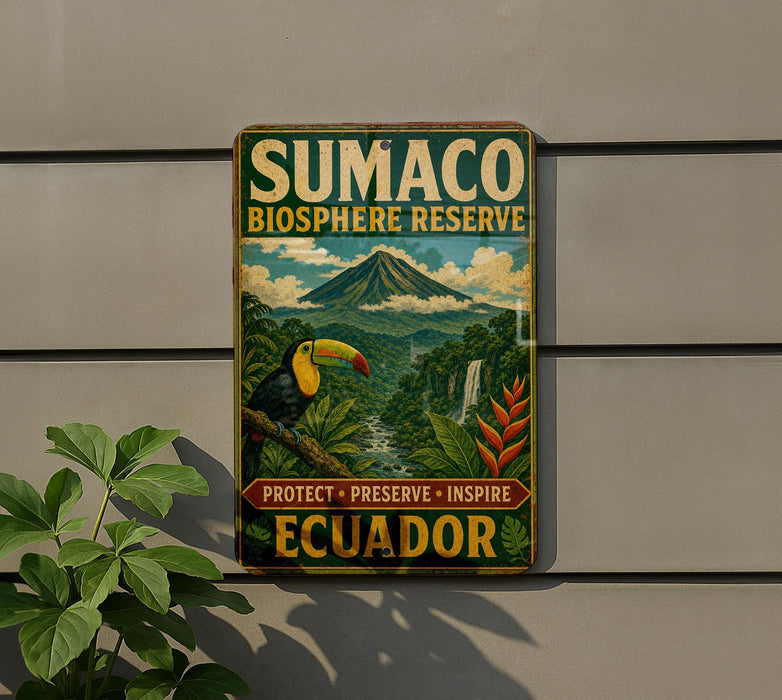 a sign for Sumaco Biosphere Reserve, which is a protected area in Ecuador.