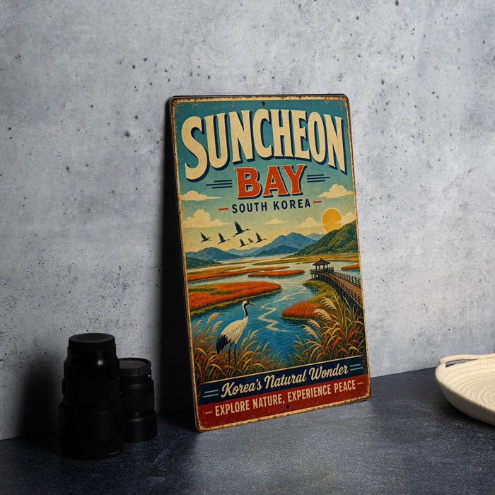 A vintage-style metal sign for Suncheon Bay, South Korea, featuring a scenic landscape with mountains, a river, and birds.