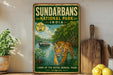 A vintage-style sign for the Sundarbans National Park in India, featuring a tiger walking through a mangrove forest.