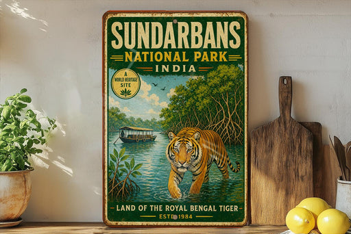 A vintage-style sign for the Sundarbans National Park in India, featuring a tiger walking through a mangrove forest.
