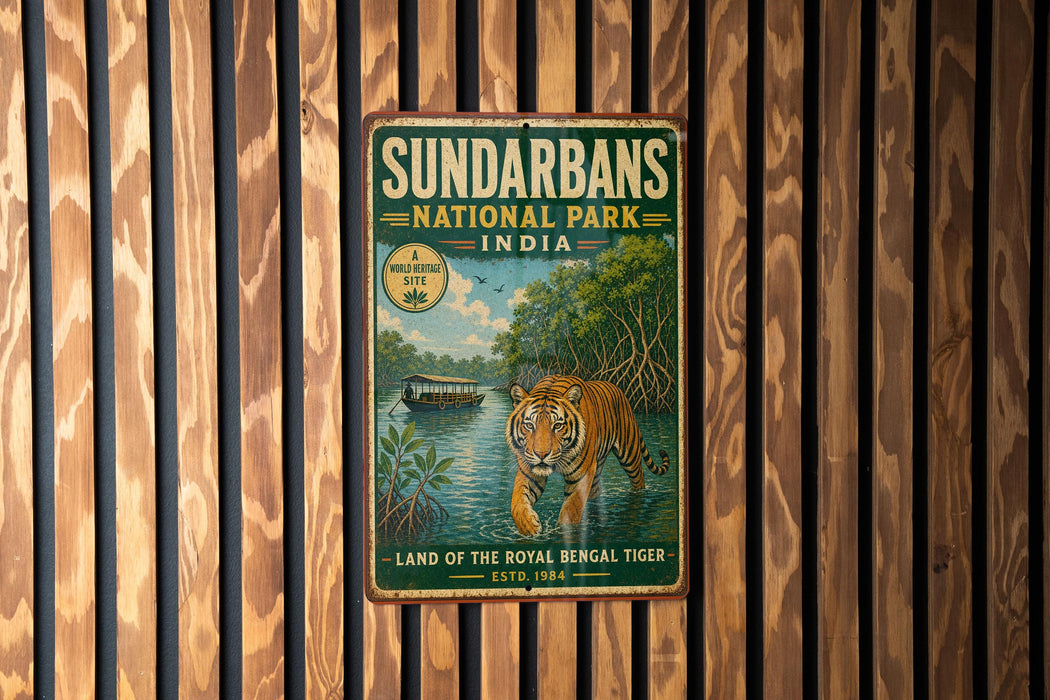 A vintage metal sign for Sundarbans National Park in India, featuring a tiger in a natural setting.